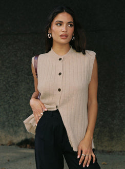 front view of model wearing Princess Polly Brookvale Button Up Knit Vest Beige Long 