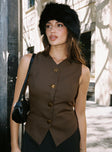 front view of model wearing Princess Polly Last Page Vest Top Brown Sleeveless V-Neck 