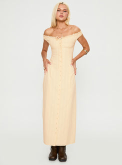 front view of model wearing Princess Polly Bryar Maxi Dress Yellow V-Neck 