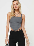 Front view of model wearing  front Princess Polly Sleeveless Asymmetric Neckline  Belvoir Top Grey