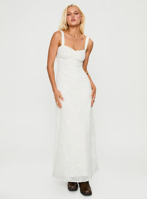 front view of model wearing Princess Polly Maisone Broderie Maxi Dress White Sweetheart Neckline 