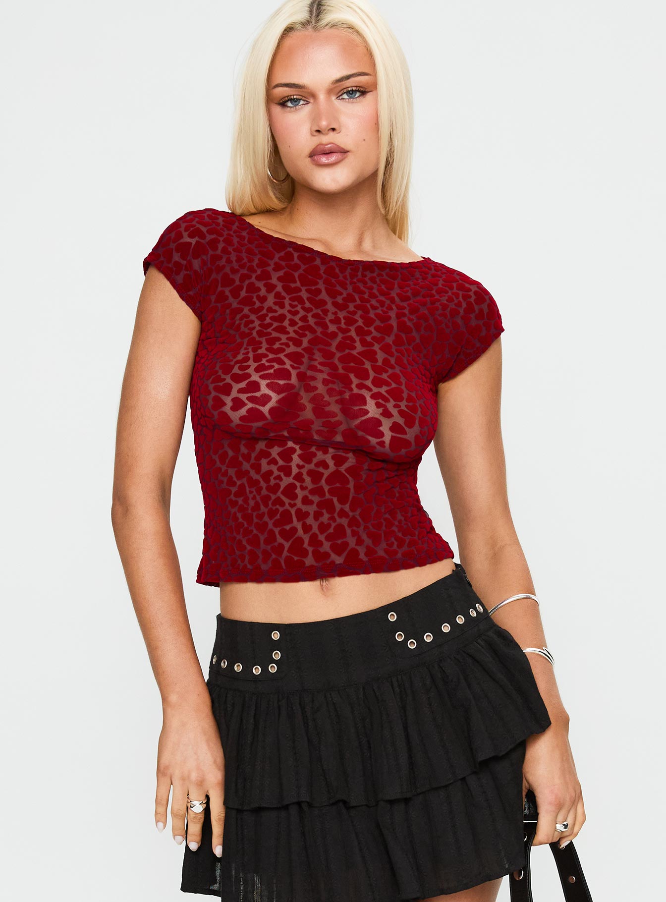 front view of model wearing Princess Polly Nova Top Maroon Short Sleeves Scoop Neck 