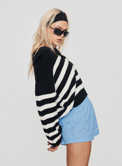 side view of model wearing Princess Polly Maxxy Boxer Shorts Blue Stripe High Waisted Shorts 