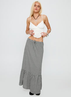   side view of model wearing Princess Polly Modern Girl Maxi Skirt Black / White Gingham Maxi 