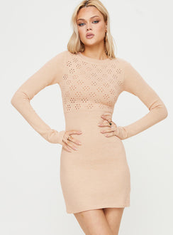 Front view of model wearing  front Princess Polly Crew Neck  Heagen Knit Mini Dress Beige