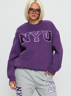 front view of model wearing Princess Polly NYU Offside Crewneck Sweatshirt Purple 