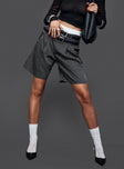 front view of model wearing Princess Polly In Office Longline Shorts Grey High Waisted Shorts 