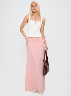   side view of model wearing Princess Polly Youthful Spirit Lace Maxi Skirt Pink Maxi 