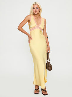 side view of model wearing Princess Polly Prophecies Lace Maxi Dress Lemon Plunger 