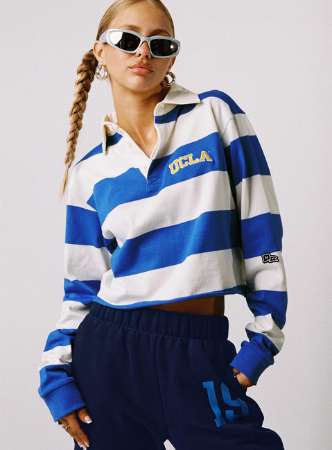 front view of model wearing Princess Polly UCLA Rugby Polo Blue / White Full Sleeves High Neck 