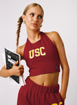 front view of model wearing Princess Polly USC Tailgate Top Cardinal Red Sleeveless Crew Neck 