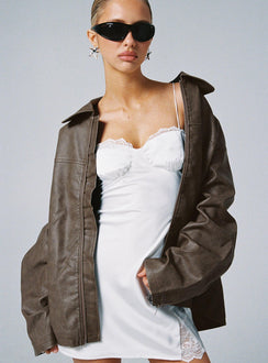 Faux Leather Collared Dad Jacket Washed Brown