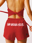 back view of model wearing Princess Polly SDSU Soffee Shorts Red High Waisted Shorts 