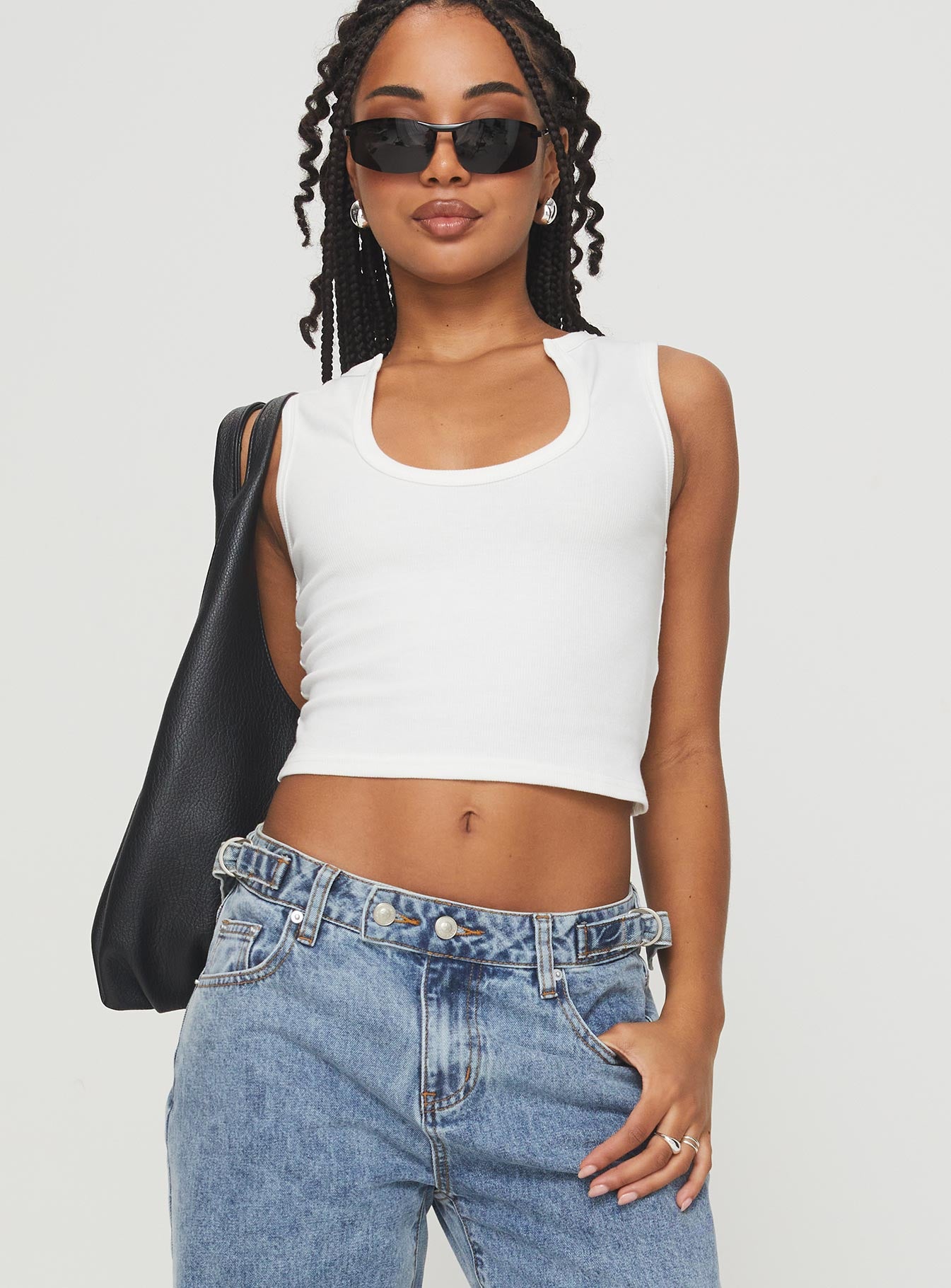 front view of model wearing Princess Polly Somer Top White Sleeveless Scoop Neck 