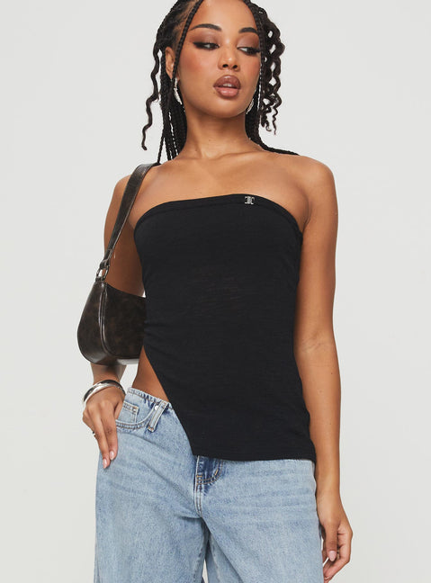 front view of model wearing Princess Polly Chardonay Strapless Top Black Sleeveless straight 