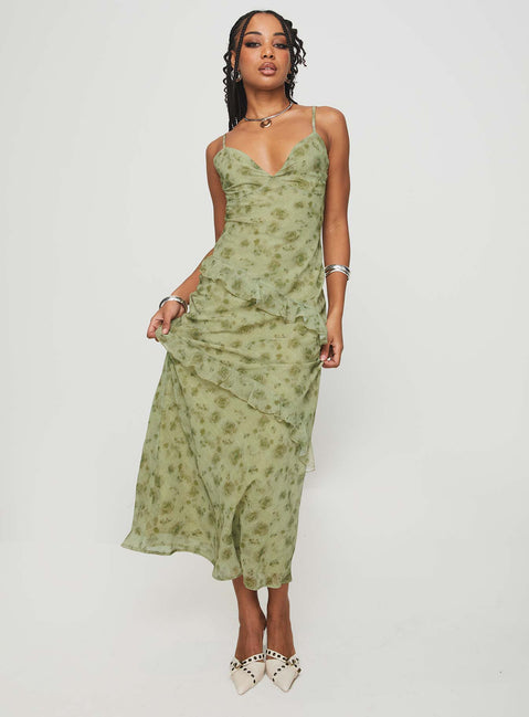 front view of model wearing Princess Polly Teffoli Maxi Dress Green Plunger 