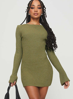 front view of model wearing Princess Polly Osment Long Sleeve Knit Mini Dress Olive Boat Neck 