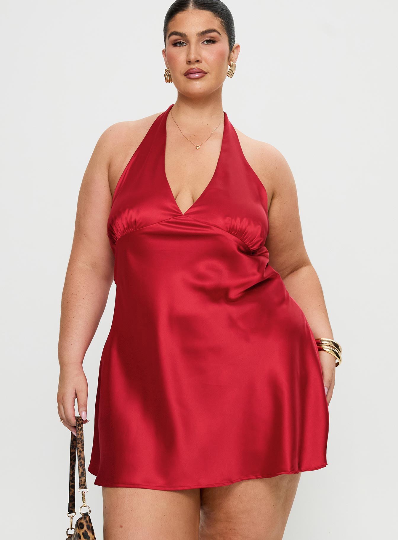 front view of model wearing Princess Polly Pelagia Halter Scarf Tie Mini Dress Red Curve Plunger 