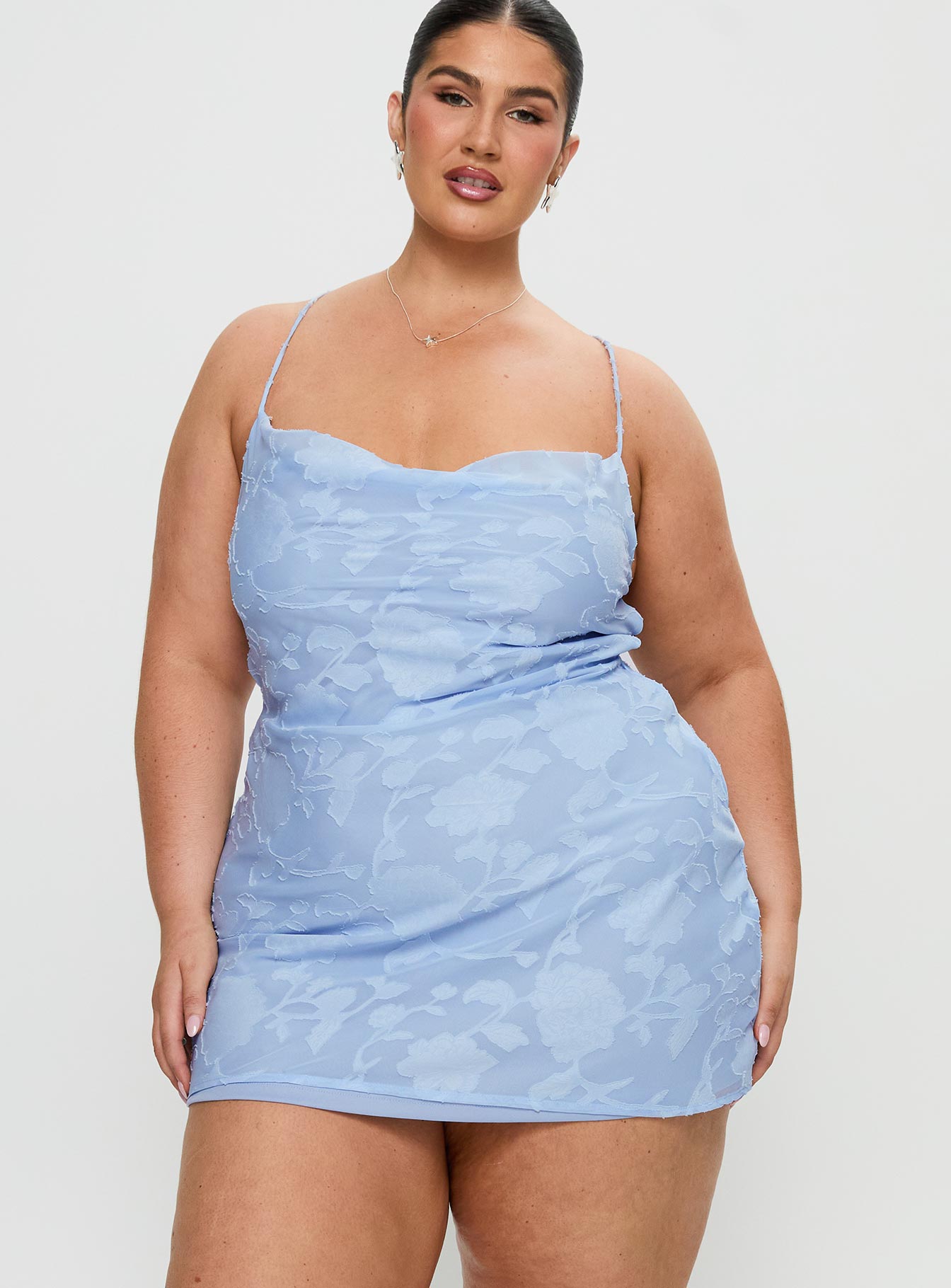 front view of model wearing Princess Polly Celena Mini Dress Light Blue Burnout Curve Cowl Neck 