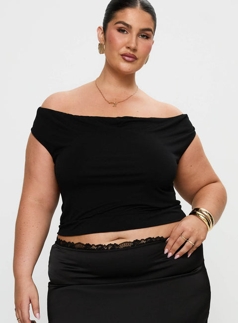 front view of model wearing Princess Polly Irina Multi-wear Top Black Curve Short Sleeves straight 