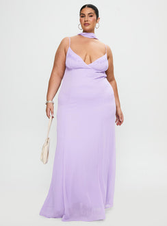 side view of model wearing Princess Polly Jadira Scarf Maxi Dress Purple Curve Plunger 