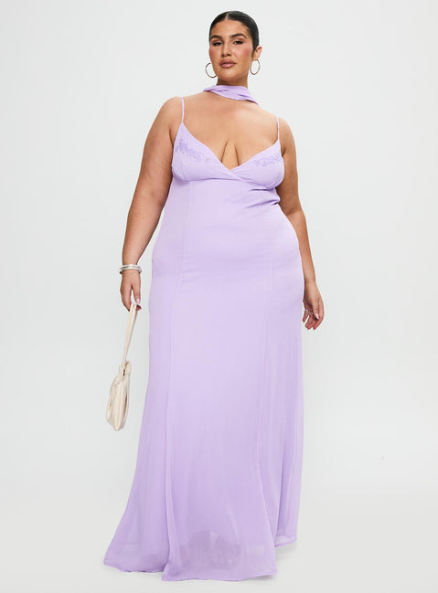 side view of model wearing Princess Polly Jadira Scarf Maxi Dress Purple Curve Plunger 