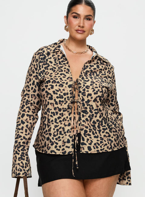 front view of model wearing Princess Polly Toriah Long Sleeve Tie Up Top Leopard Curve Full Sleeves V-Neck 