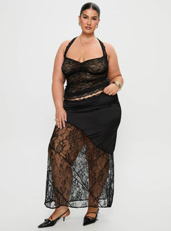   front view of model wearing Princess Polly Castelli Lace Maxi Skirt Black Curve Maxi 