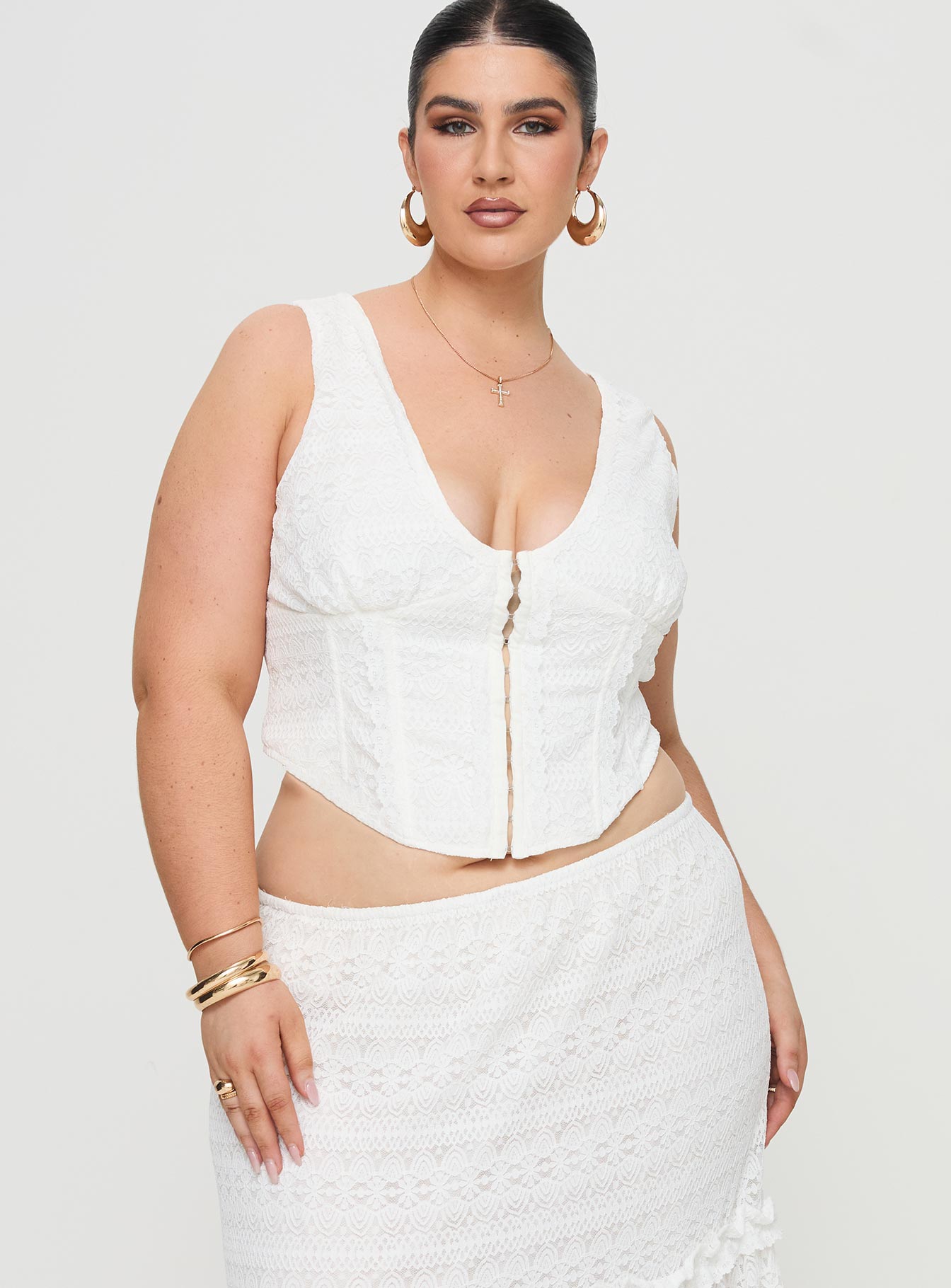 front view of model wearing Princess Polly Buttacupe Lace Corset Top White Curve Sleeveless Plunger 