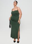 side view of model wearing Princess Polly Marchesi Cupro Maxi Dress Green Curve Cowl Neck 