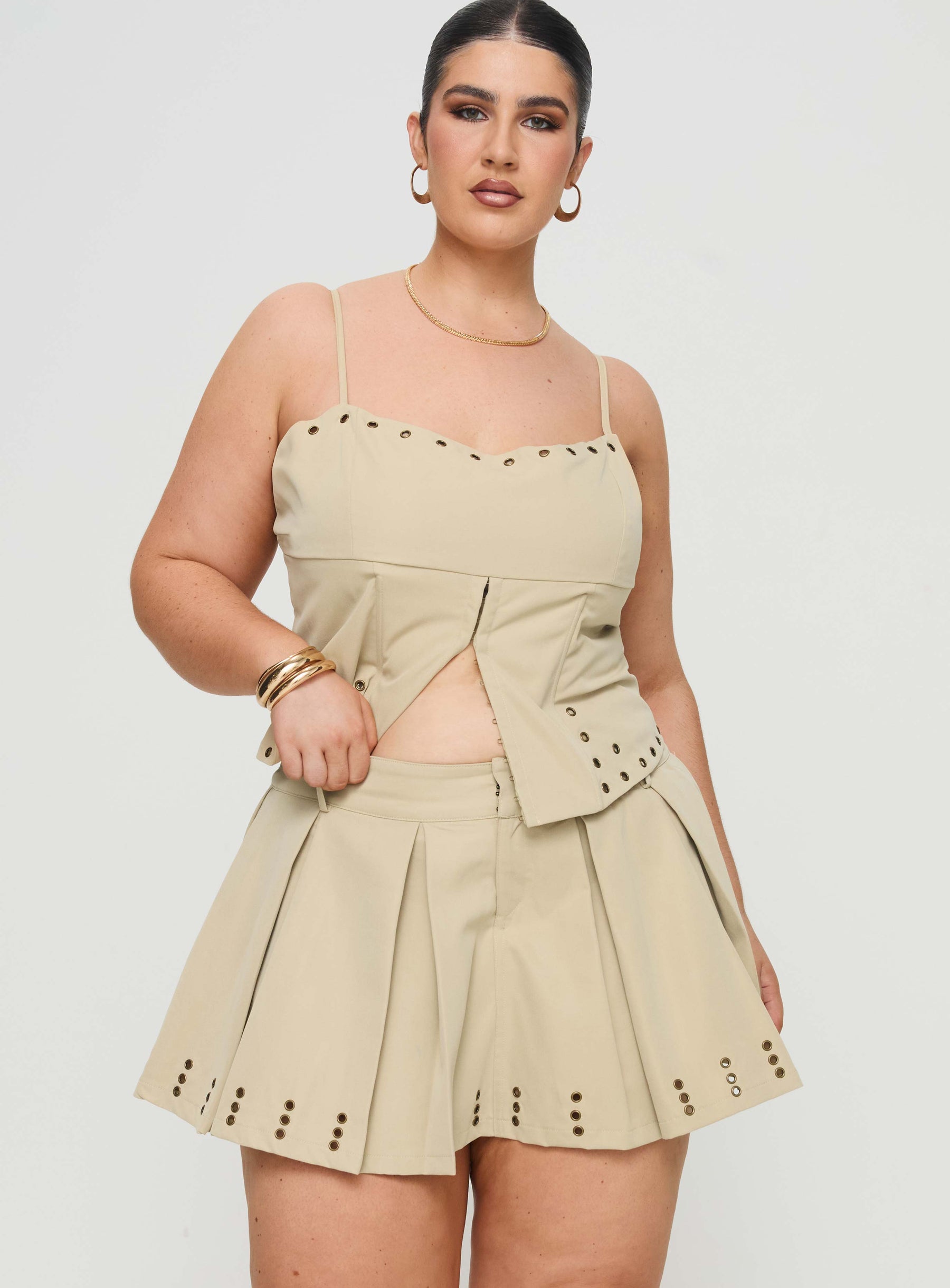   front view of model wearing Princess Polly Alinzia Eyelet Skort Beige Curve Mini Skirts 