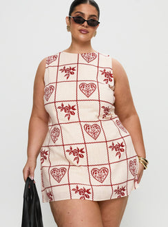 front view of model wearing Princess Polly Alfalfa Shift Mini Dress Red Floral Check Curve Crew Neck 