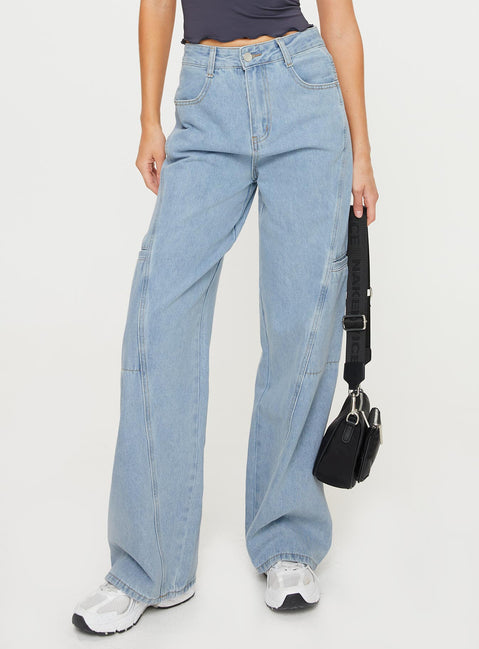 front view of model wearing Princess Polly Keanna Cargo Jeans High Waisted 