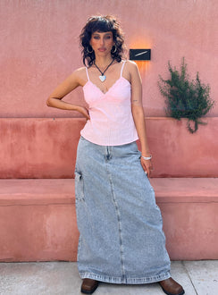   front view of model wearing Princess Polly McGuane Denim Midi Skirt Petite Maxi 