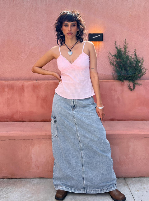   front view of model wearing Princess Polly McGuane Denim Midi Skirt Petite Maxi 