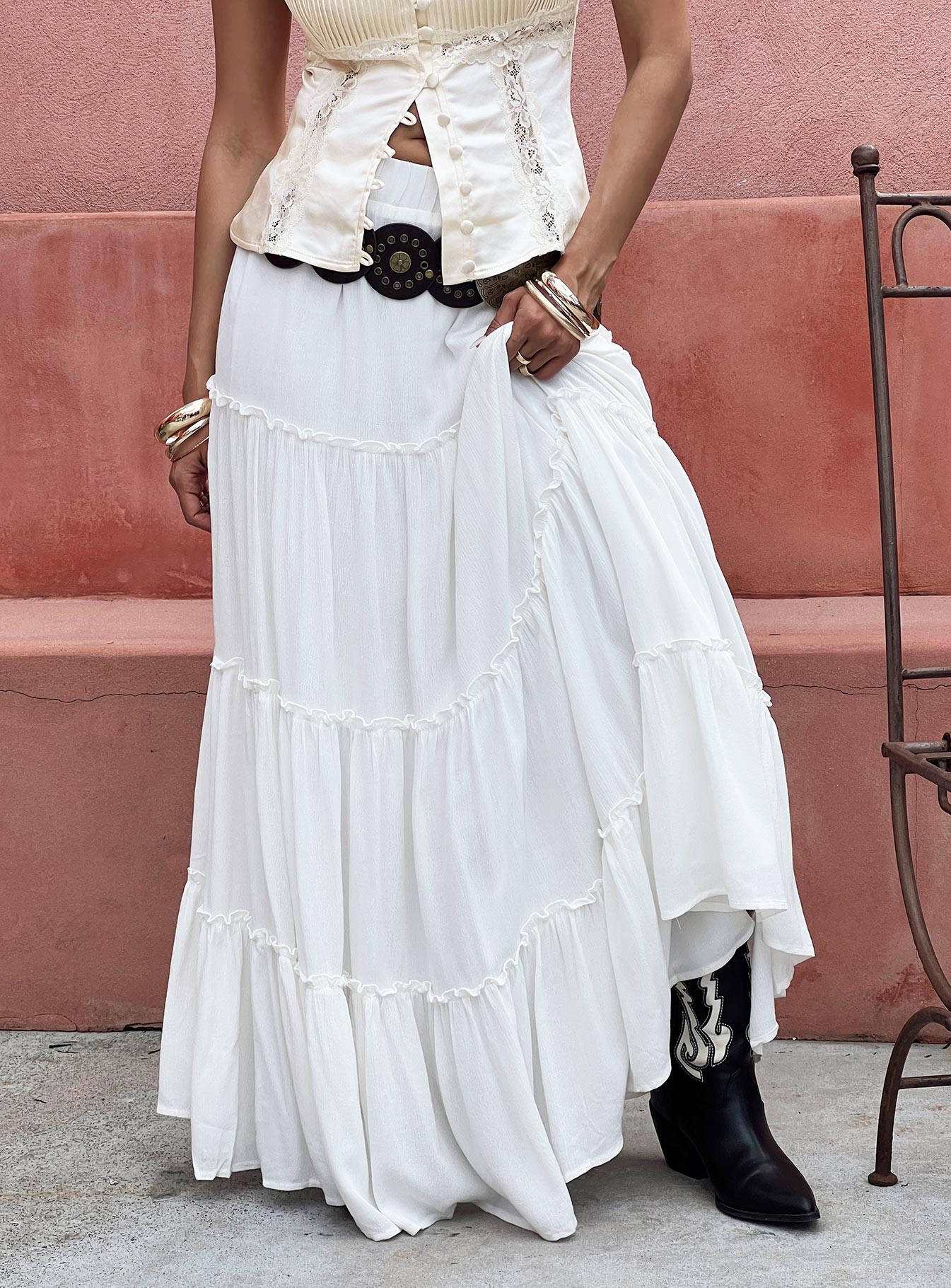   front view of model wearing Princess Polly Miriah Maxi Skirt White Low Impact Maxi 