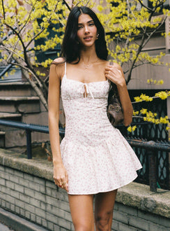 side view of model wearing Princess Polly Joanie Drop Waist Mini Dress Floral Multi Square Neck 