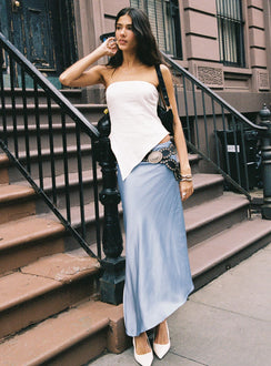   front view of model wearing Princess Polly Resistance Asymmetrical Maxi Skirt Blue Maxi 
