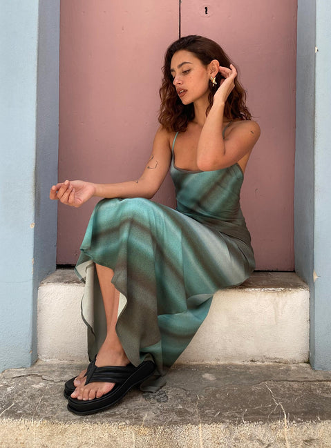 front view of model wearing Princess Polly Otillie Maxi Dress Blue Multi Plunger 