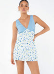 Front view of model wearing  front Princess Polly V-Neck  Nellie Spliced Mini Dress Blue / White