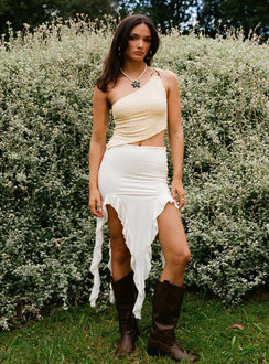 Front view of model wearing  front Peachey Asymmetric Ruffle Midi Skirt White Princess Polly  Mini Skirts 