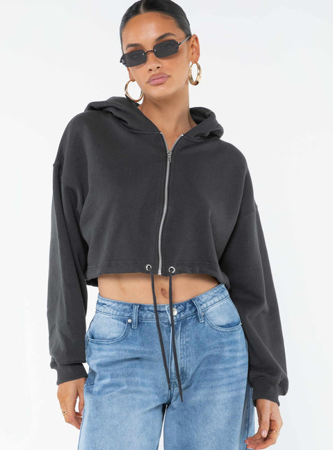 front view of model wearing Princess Polly Samwell Cropped Zip Up Hoodie Black Sand Cropped 
