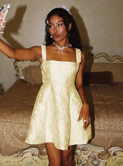 front view of model wearing Princess Polly Eloquent Mini Dress Light Yellow Square Neck 