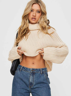 Joice Ribbed Turtleneck Sweater Cream Princess Polly  Cropped 