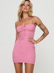 front view of model wearing Princess Polly Kostis Mini Dress Pink Square Neck 