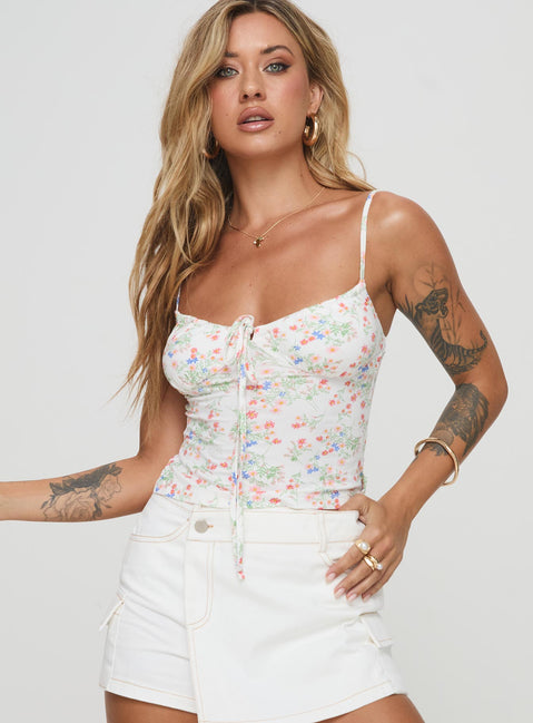 back view of model wearing Princess Polly Elyssia Top White Flower Sleeveless Scoop Neck 