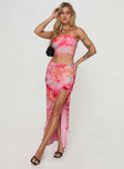 Matching set Mesh material, tie-dye print, strapless style, inner silicone strip at bust, elasticated waist, high split in hem, frill detail Good stretch, fully lined  Princess Polly Lower Impact 