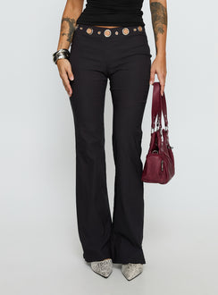 side view of model wearing Princess Polly True Grit Eyelet Flare Pants Grey Mid Rise Pants 