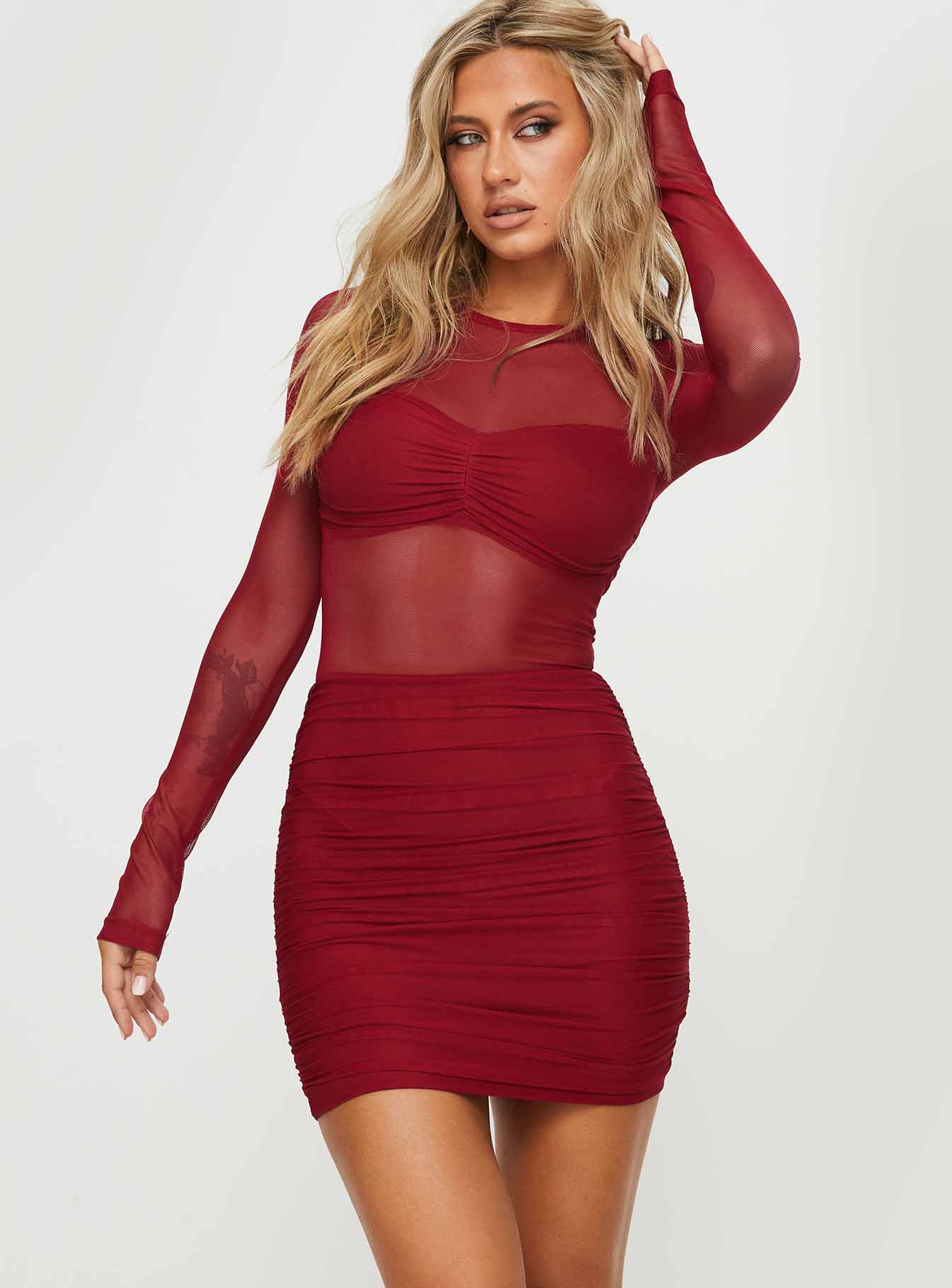 front view of model wearing Princess Polly Hapstall Long Sleeve Mini Dress Burgundy Crew Neck 