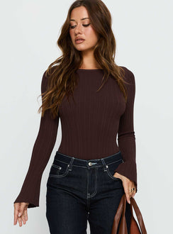 front view of model wearing Princess Polly Mayok Long Sleeve Bodysuit Brown Long Sleeve Tops 
